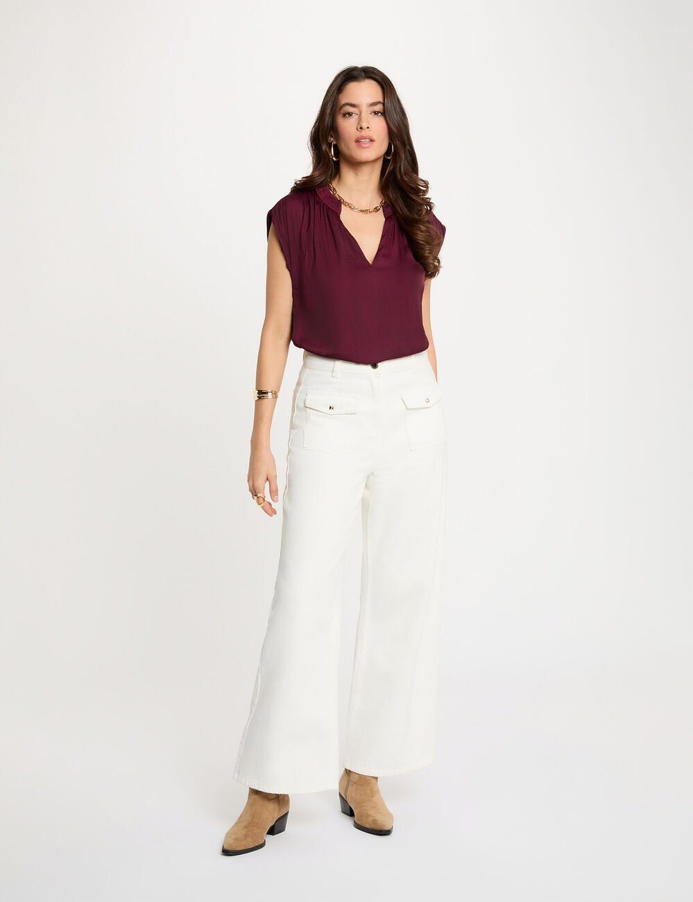 Blouse manches courtes satin prune femme