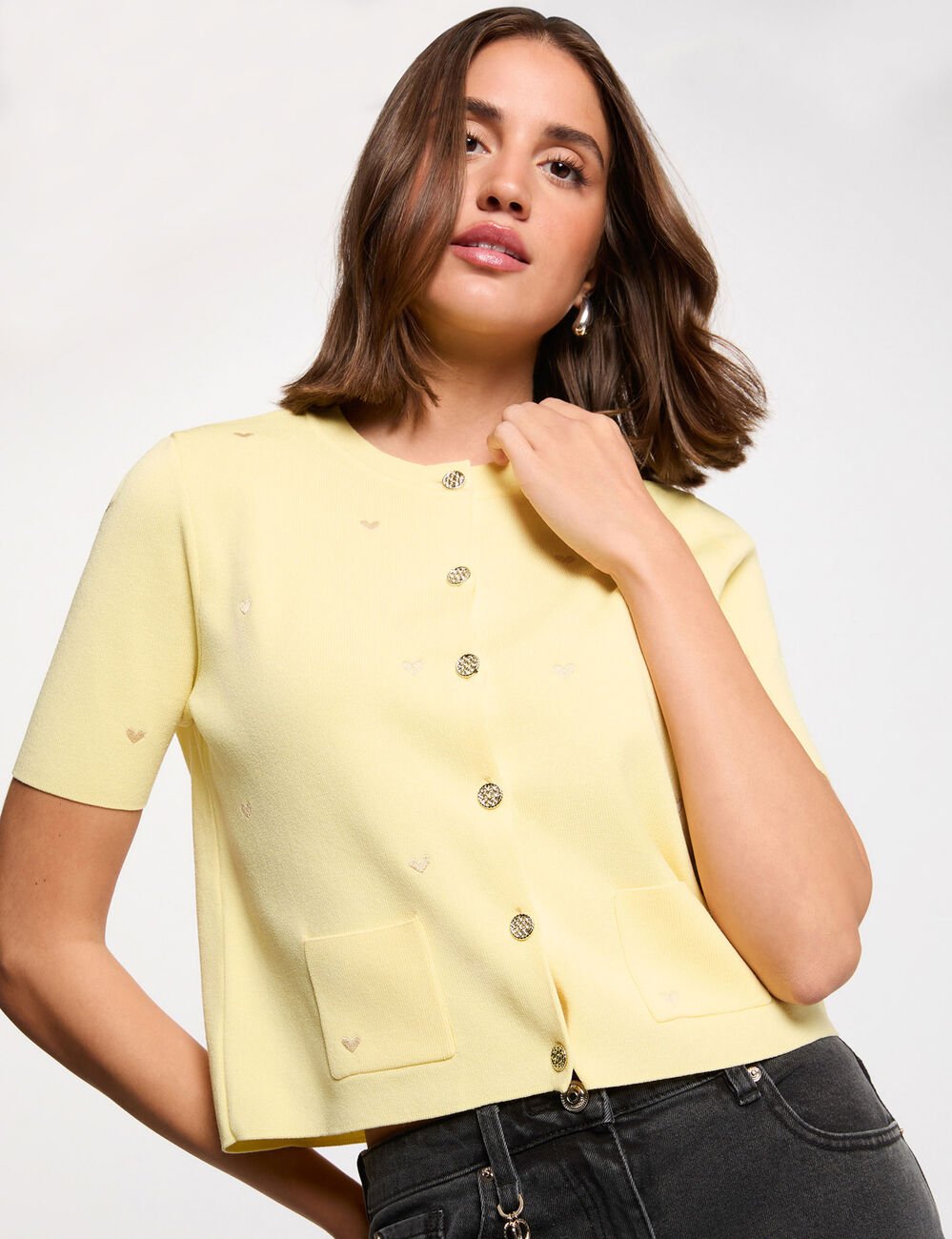 Gilet court col rond jaune pastel femme