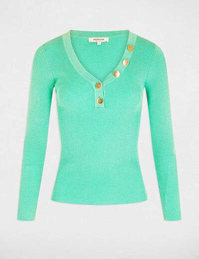 Pull manches longues boutons vert menthe femme