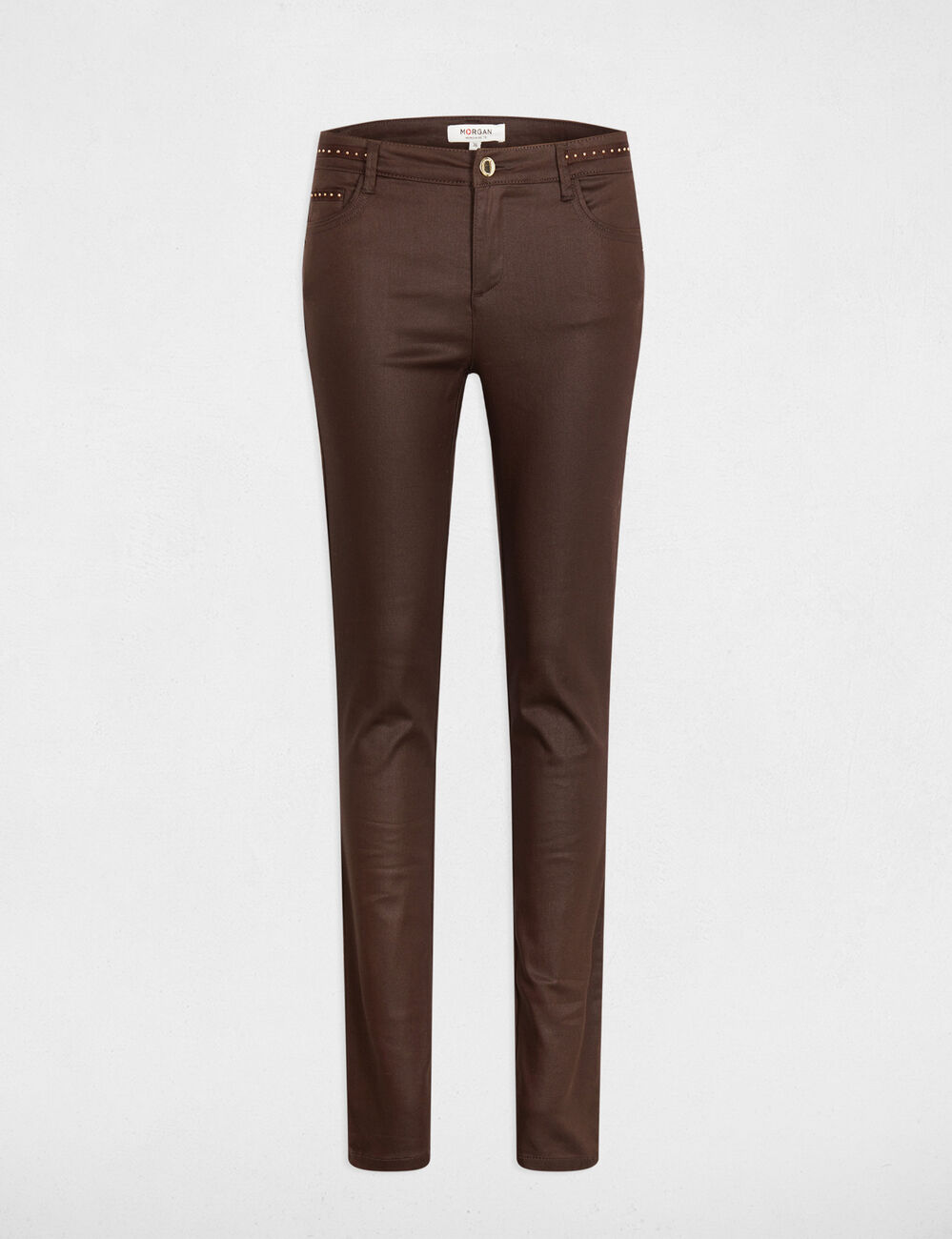 Pantalon slim enduit marron foncé femme
