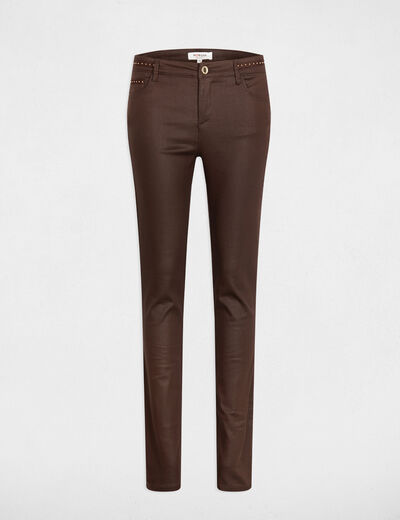 Gecoate slim-fit broek donker bruin vrouw