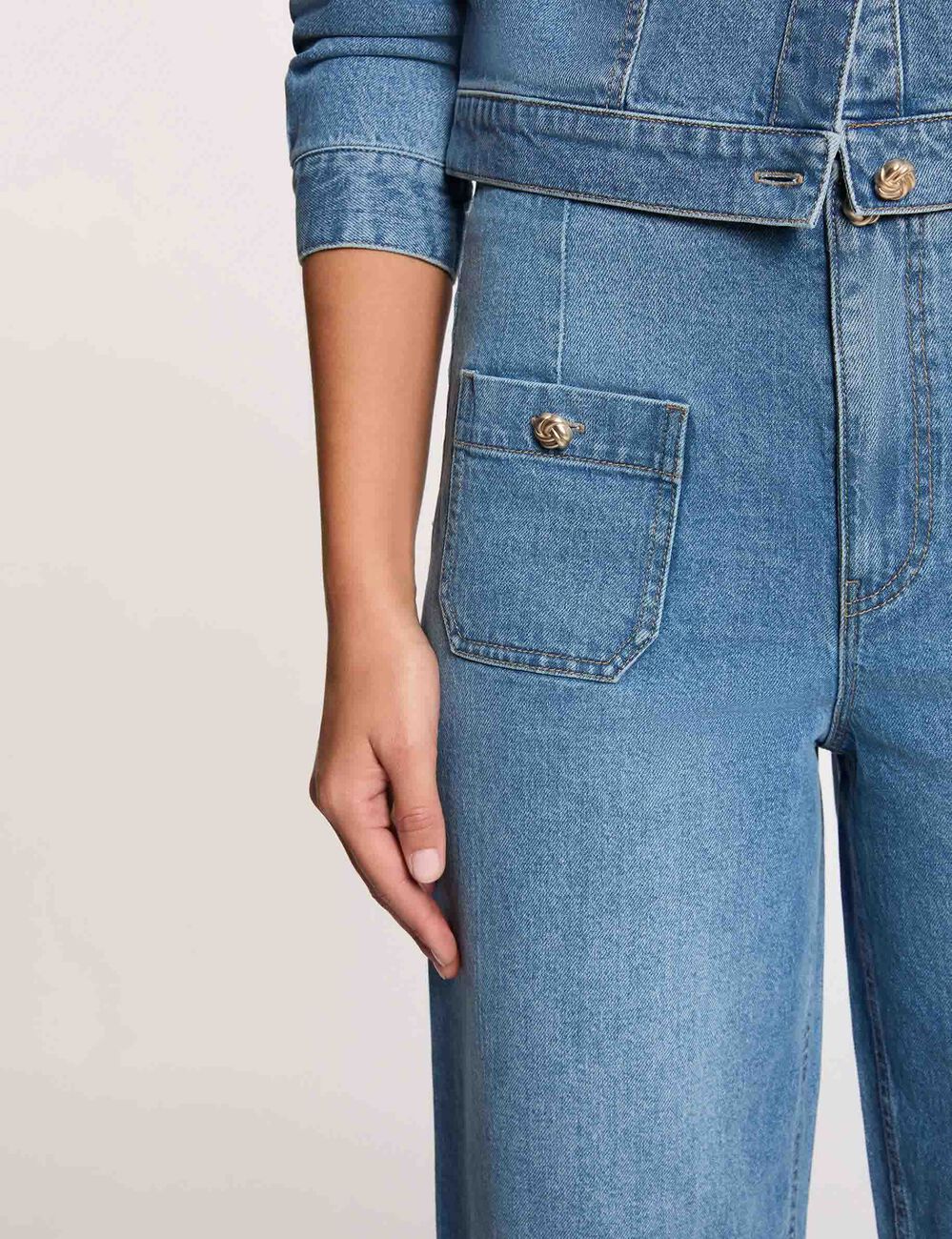 Hoge taille wijde broek stone washed denim vrouw