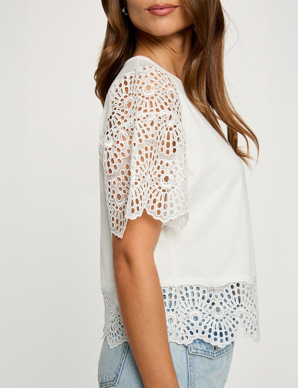T-shirt dentelle col rond blanc femme