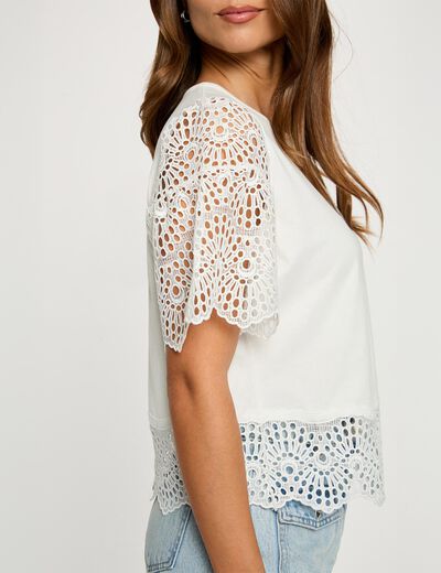 T-shirt dentelle col rond blanc femme