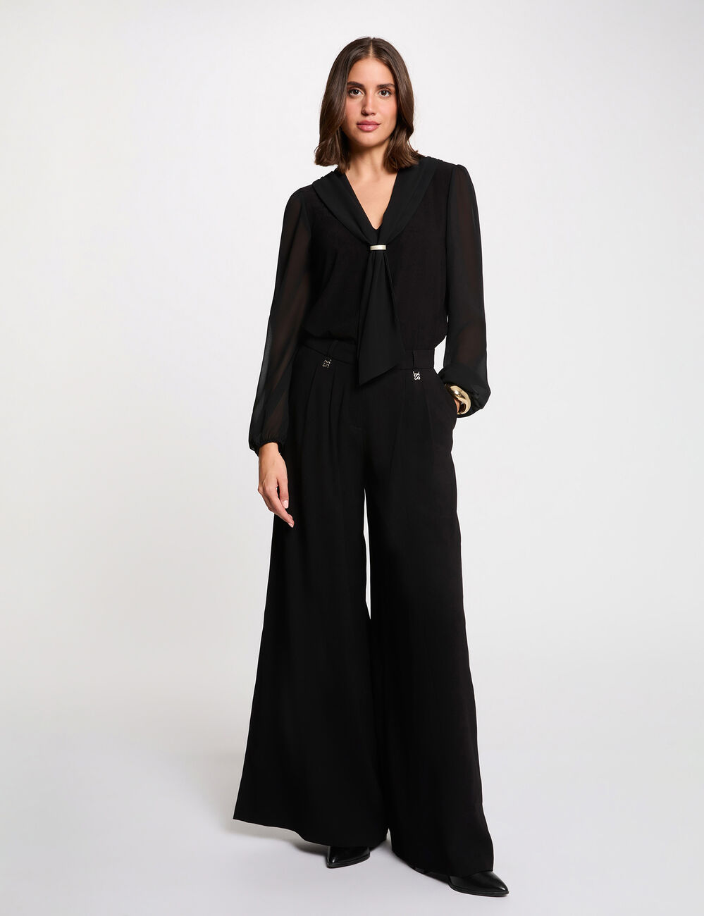 T-shirt voile col lavallière noir femme