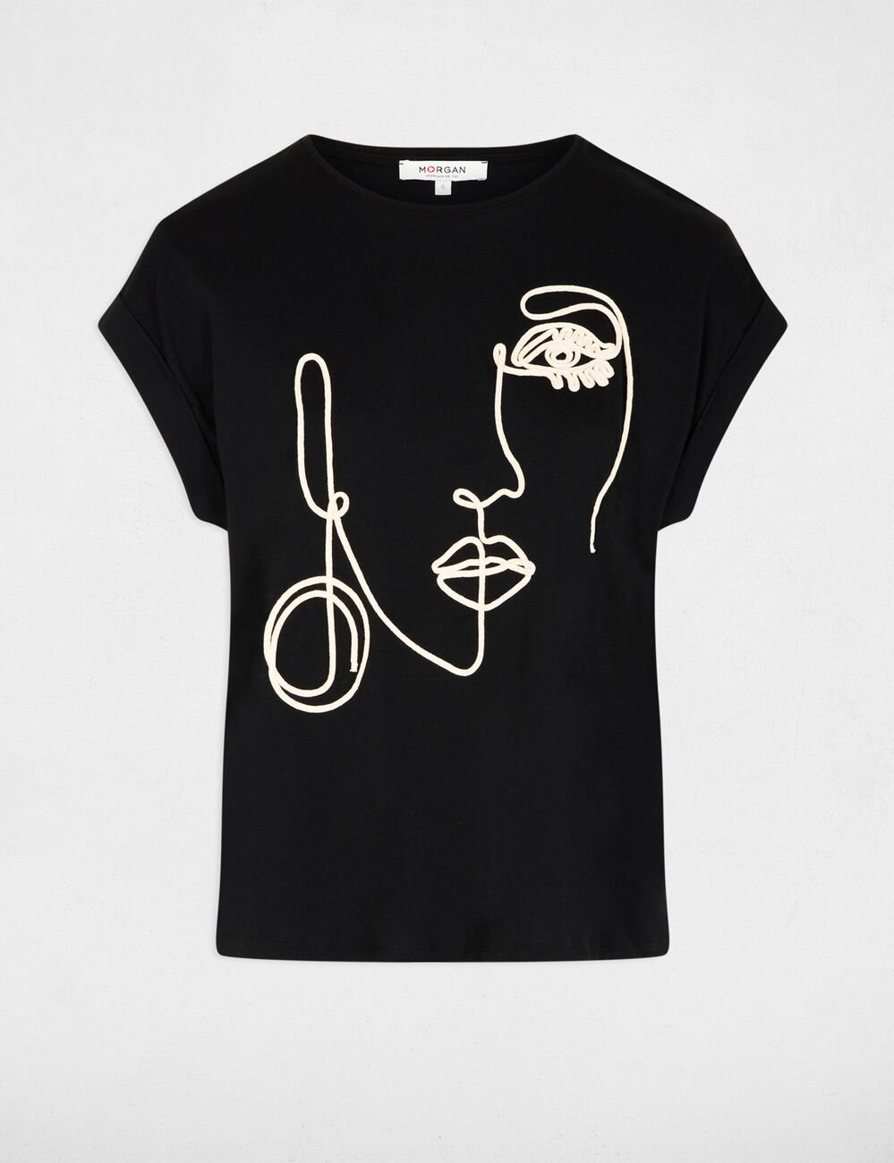 T-shirt broderie visage noir femme