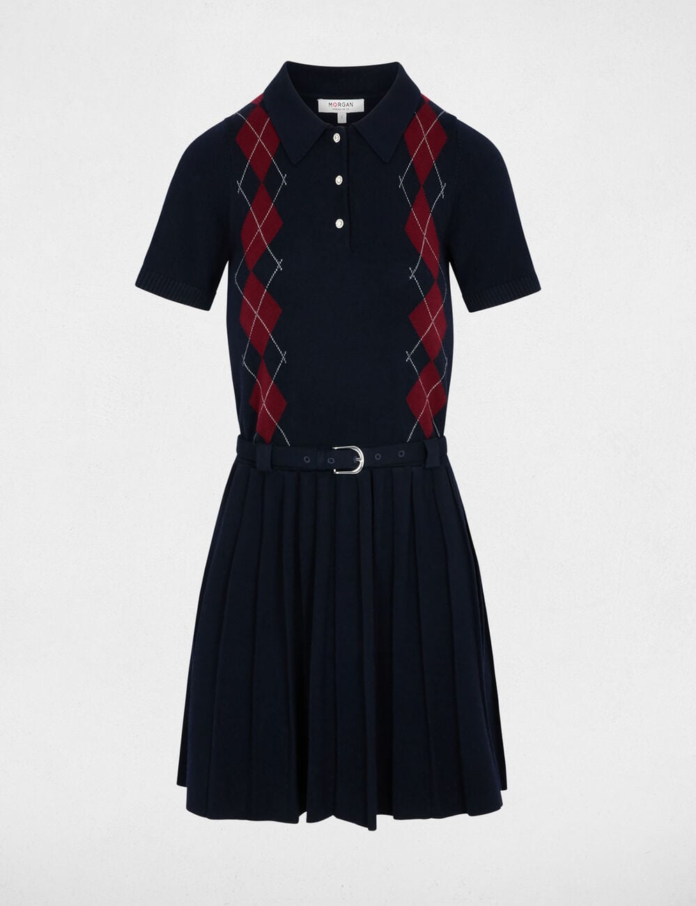 Robe tricot col &agrave; revers bleu marine femme
