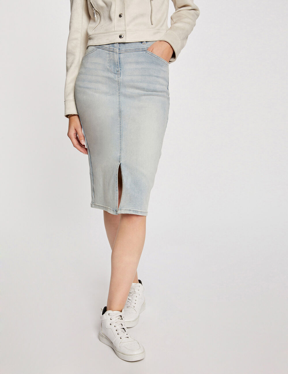 Jupe longueur genou en jean jean bleached femme