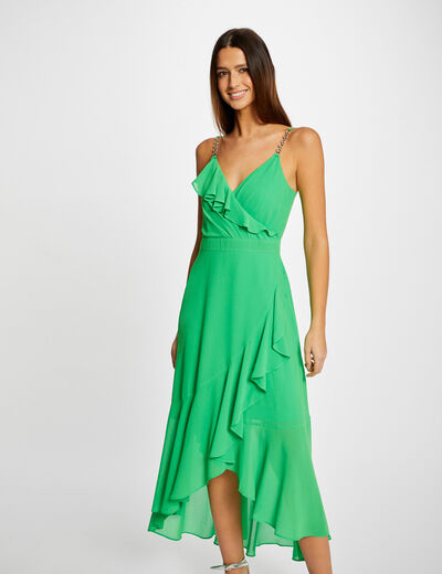 Lange uitlopende jurk met ruches groen vrouw
