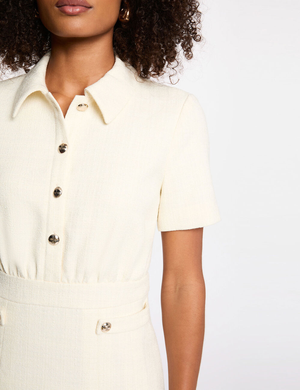 Uitlopende tweed jurk ecru vrouw