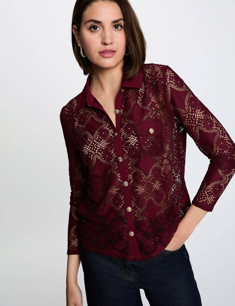 Kant blouse met reverskraag bordeaux vrouw