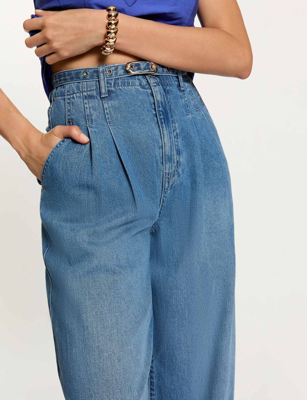 Wijd uitlopende high-waist jeans stone washed denim vrouw