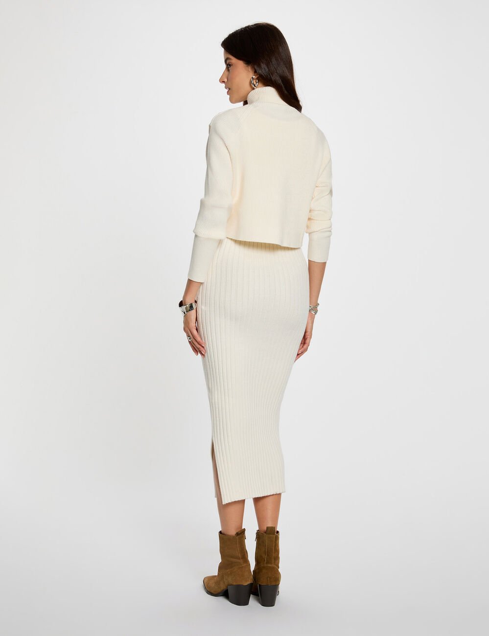 Gebreide jurk met colletje ivoor vrouw