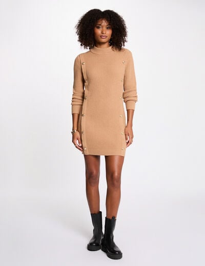 Korte gebreide jurk beige vrouw