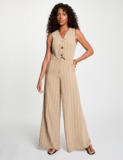 Gestreepte jumpsuit met V-hals taupe vrouw