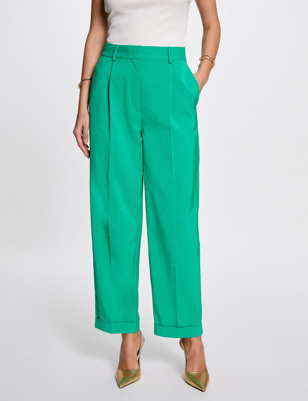 Rechte broek met plooien emerald groen vrouw