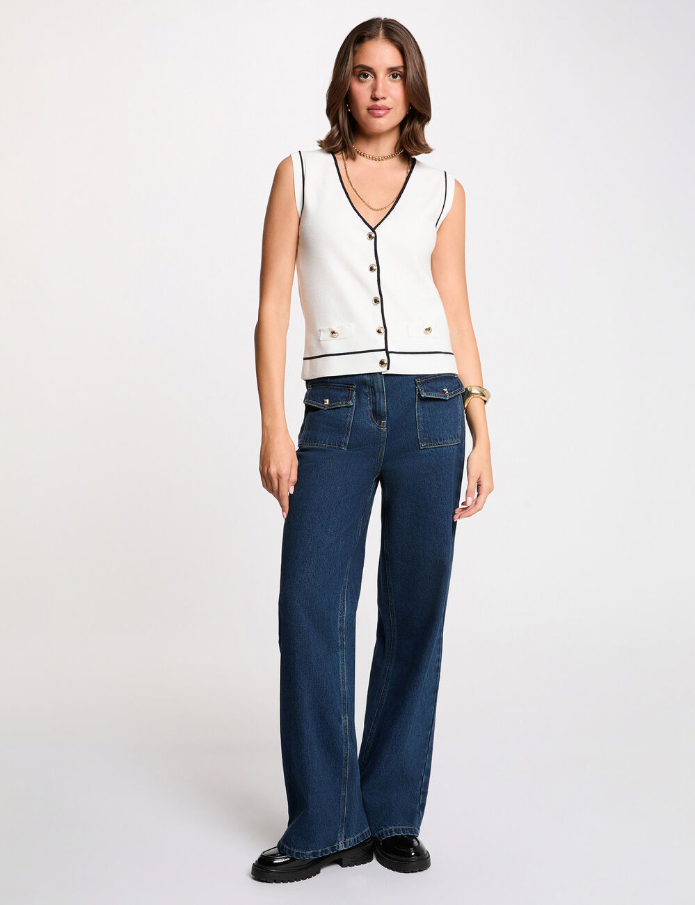 Pull sans manches col v blanc femme