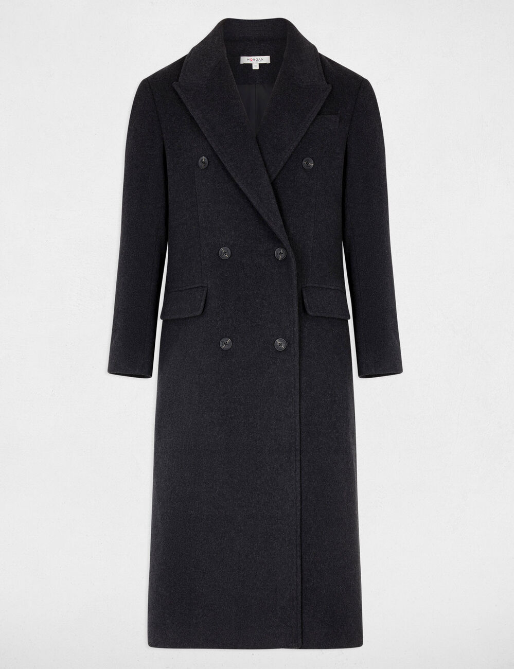 Manteau long col tailleur denim gris fonce femme