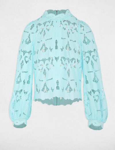 Blouse broderie col montant bleu ciel femme