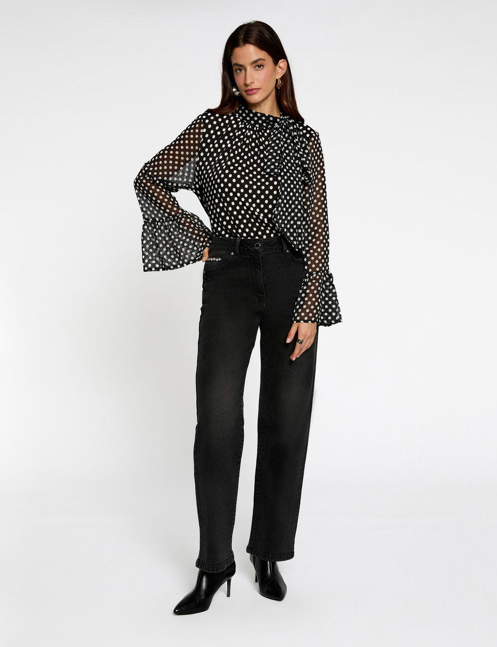 T-shirt voile col lavallière noir femme