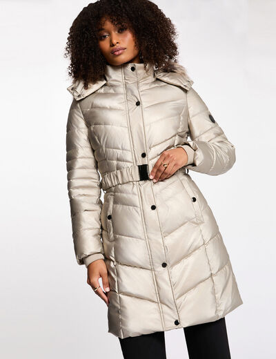 Getailleerde halflange donsjas goudgeel vrouw