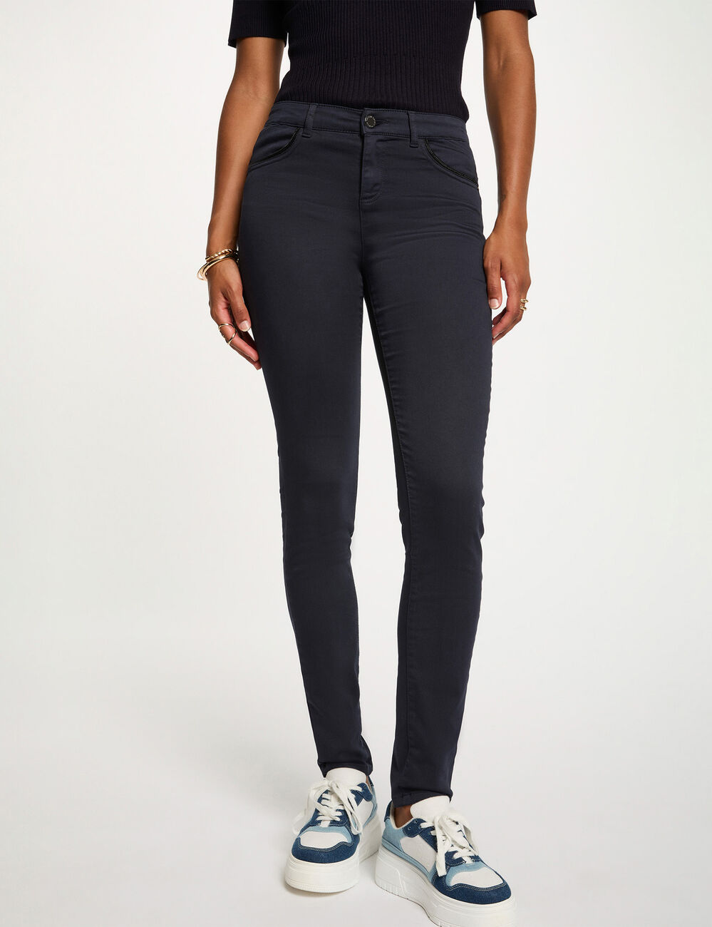 Pantalon slim enduit bleu marine femme