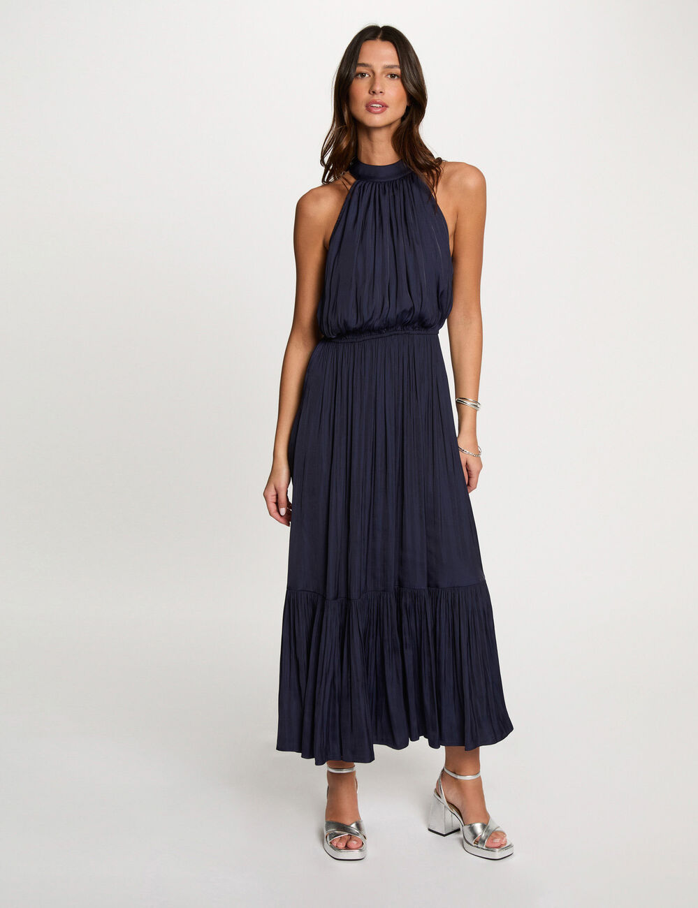 Robe longue col montant bleu marine femme