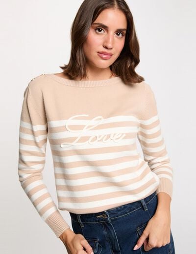 Gestreepte geborduurde trui marron clair vrouw