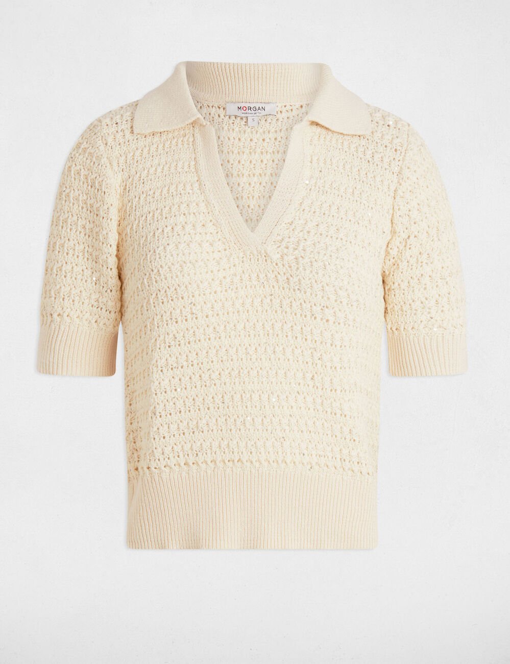 Pull col polo manches courtes ecru femme