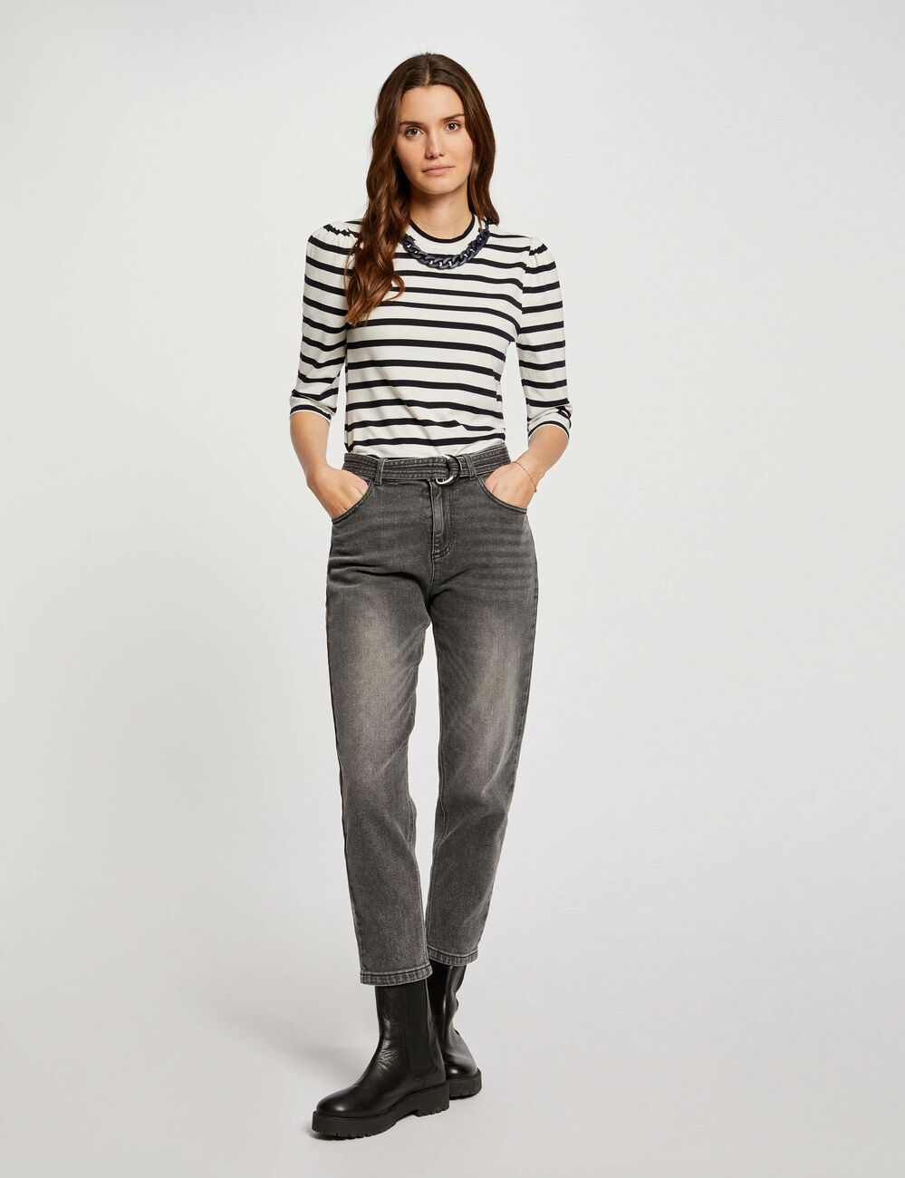 T-shirt manches 3/4 rayures ecru femme