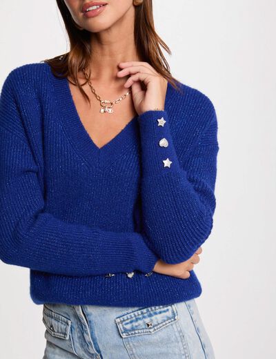 Pull col en V oversize bleu pétrole femme