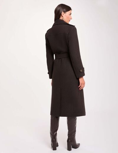 Manteau long ceintur&eacute; marron fonc&eacute; femme