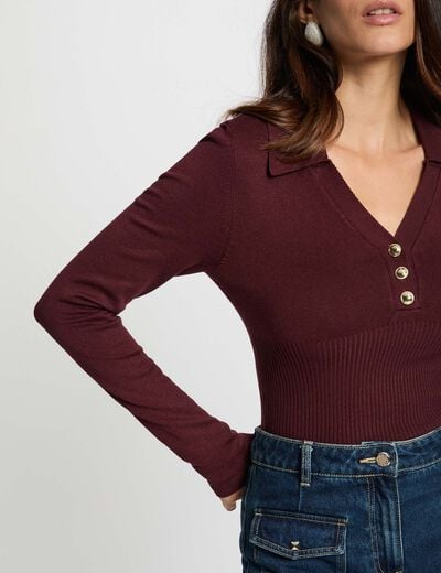 Pull ajusté col polo prune femme