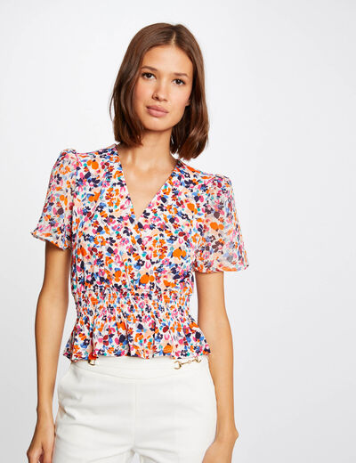 T-shirt korte mouwen en bloemenmotief ecru vrouw