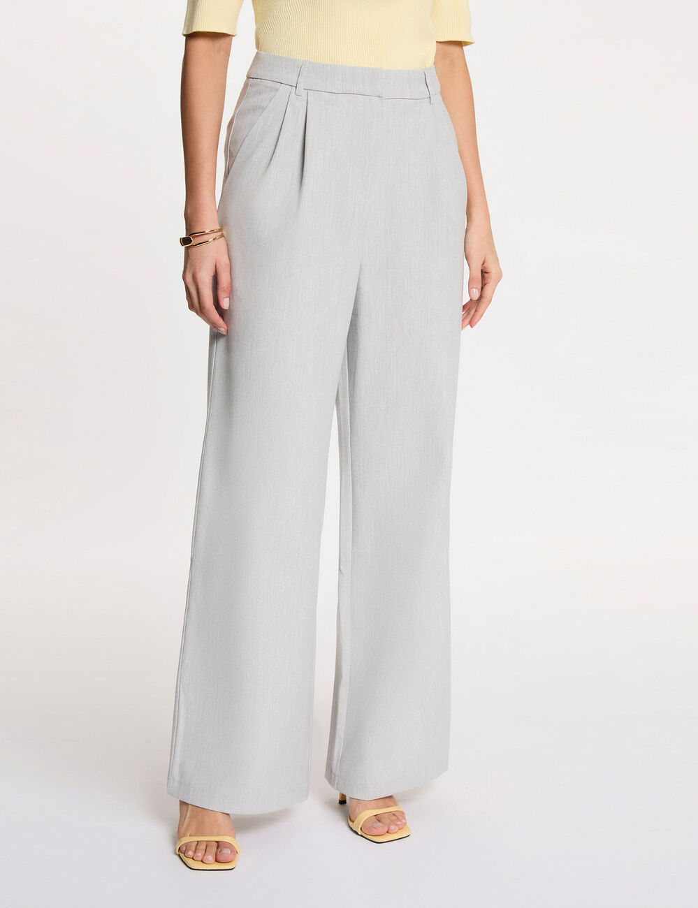 Pantalon large taille haute gris clair femme