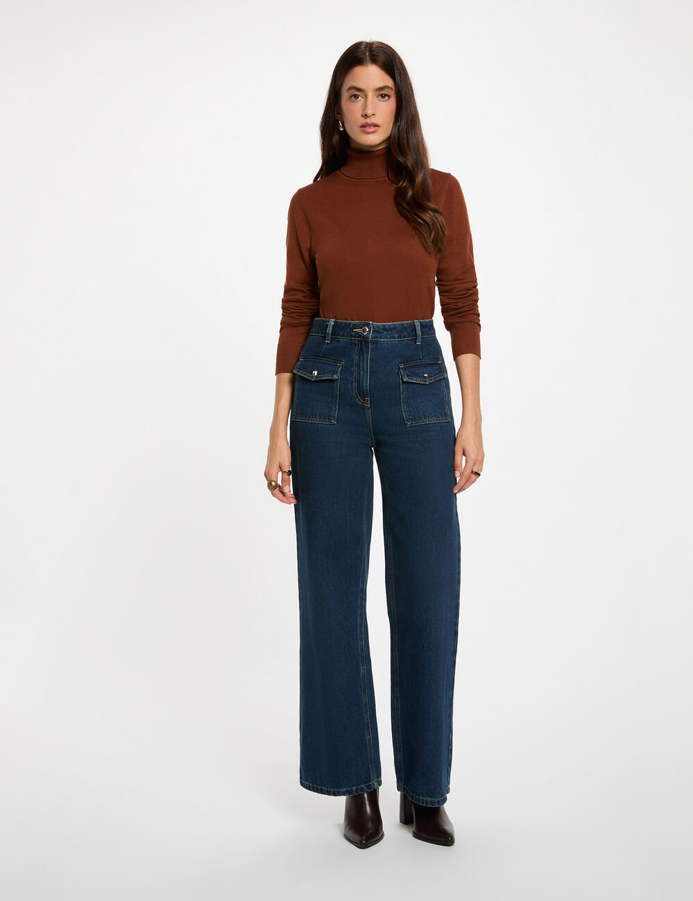 Pull col roulé marron cognac femme
