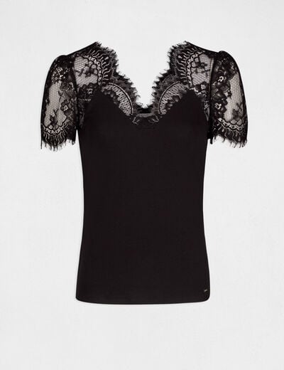T-shirt manches courtes &agrave; dentelle noir femme