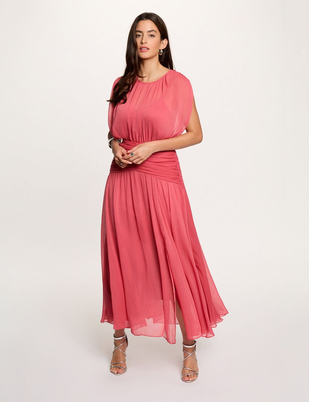 Robe longue drap&eacute;e vieux rose femme