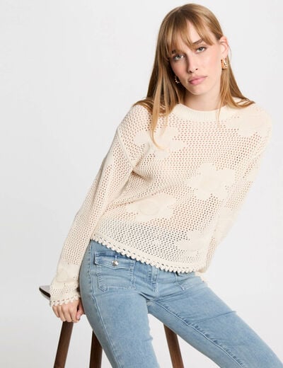 Pull col rond ajouré ivoire femme