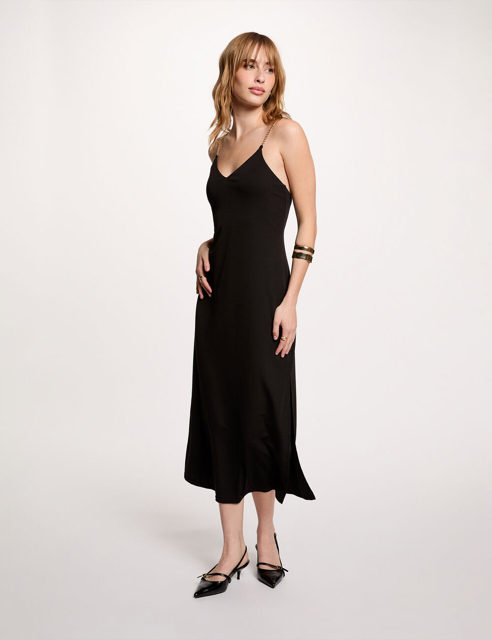 Robe mi-longue bretelles cha&icirc;ne noir femme