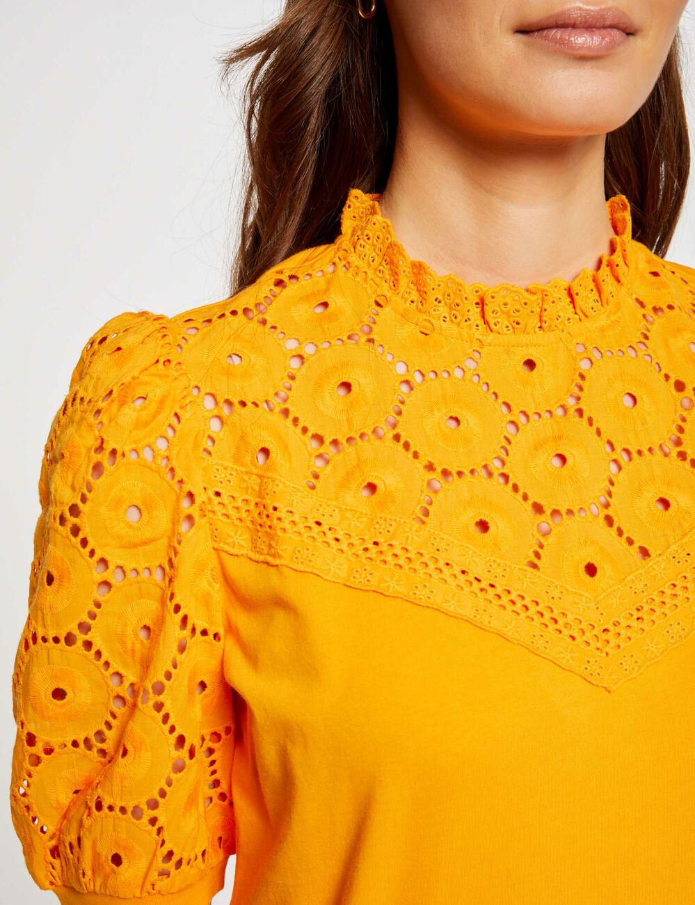 T-shirt manches courtes brodé orange femme