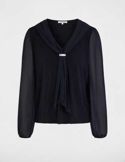 T-shirt voile col lavalli&egrave;re bleu marine femme