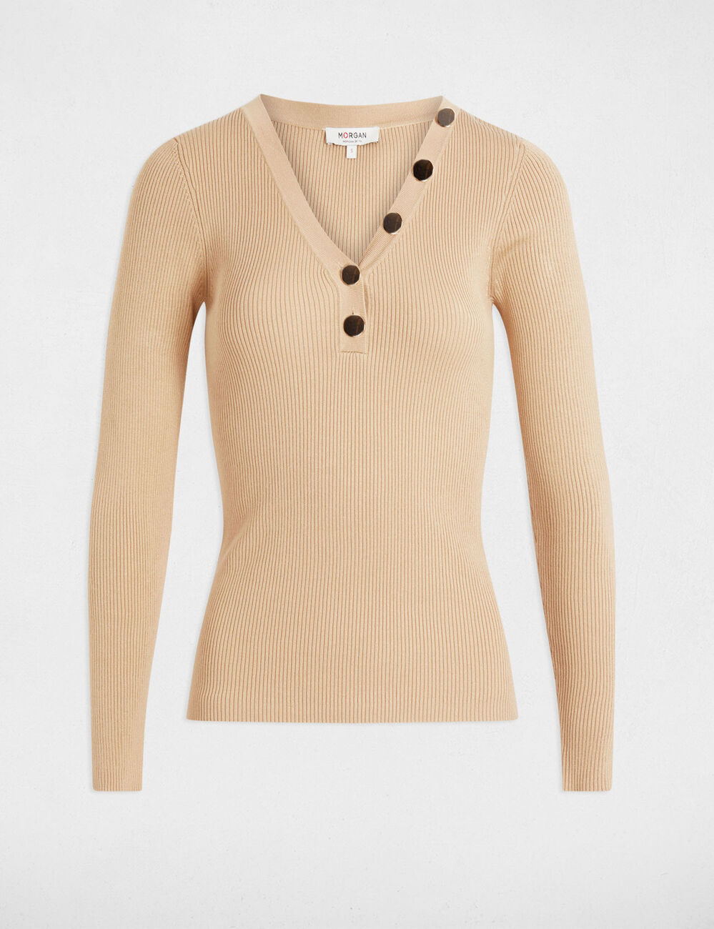 Pull manches longues boutons marron clair femme
