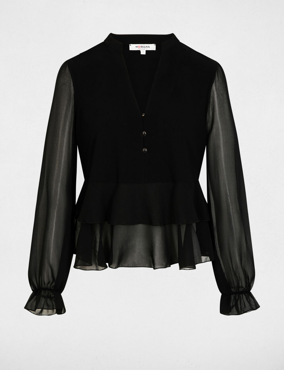 T-shirt met V-hals en ruches zwart vrouw