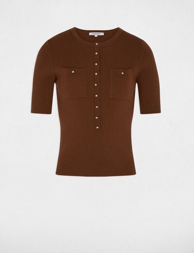 Pull col rond manches courtes marron chocolat femme
