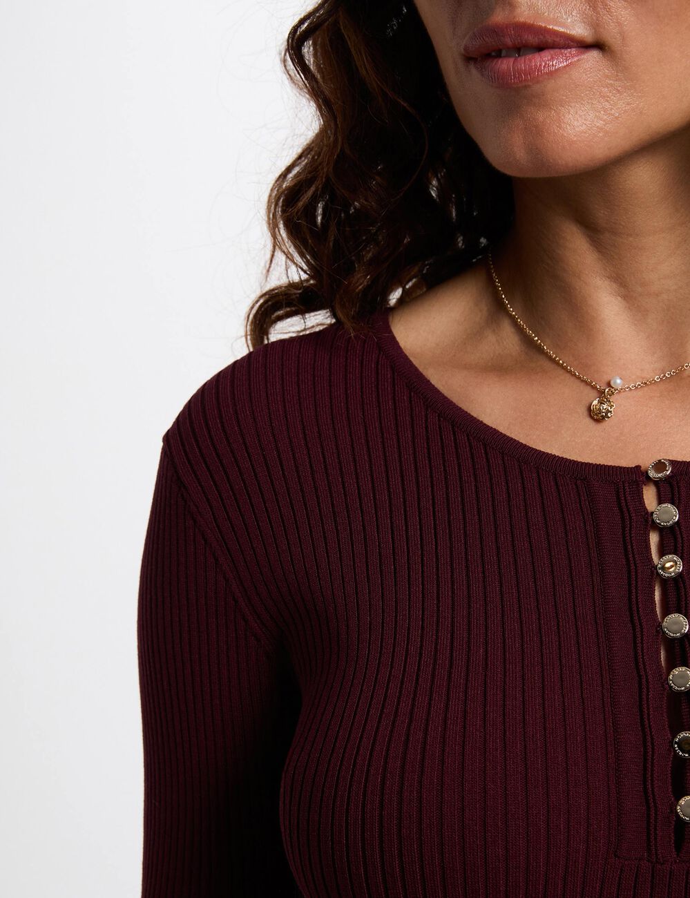 Robe tricot col rond prune femme