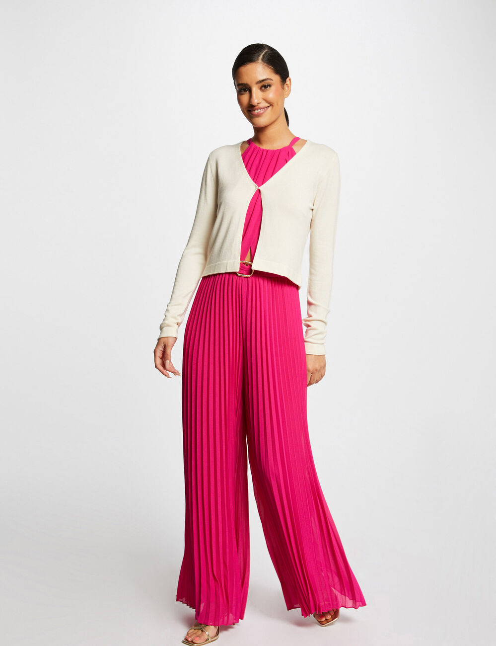 Recht vest met lange mouwen en V-hals ivoor vrouw