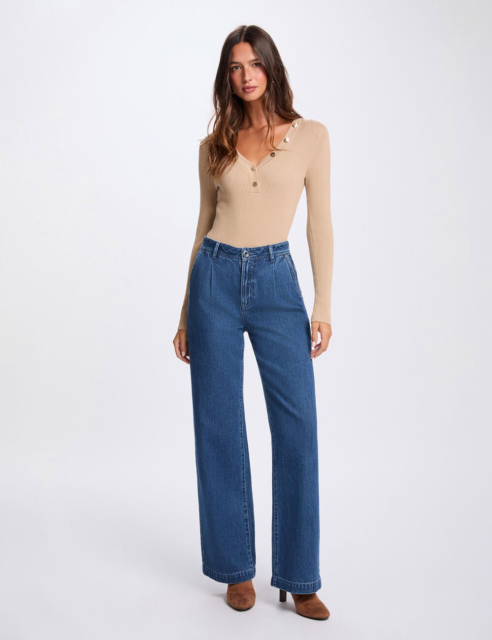 Getailleerde V-hals trui marron clair vrouw