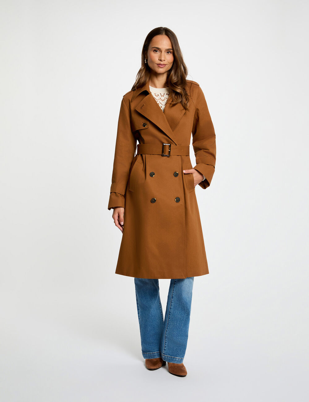 Trench long col tailleur marron cognac femme