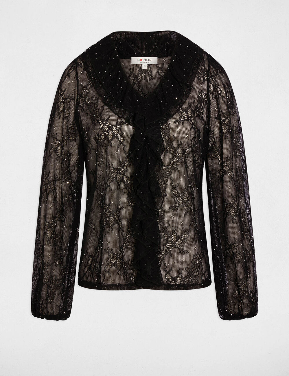 Kant T-shirt met V-hals zwart vrouw